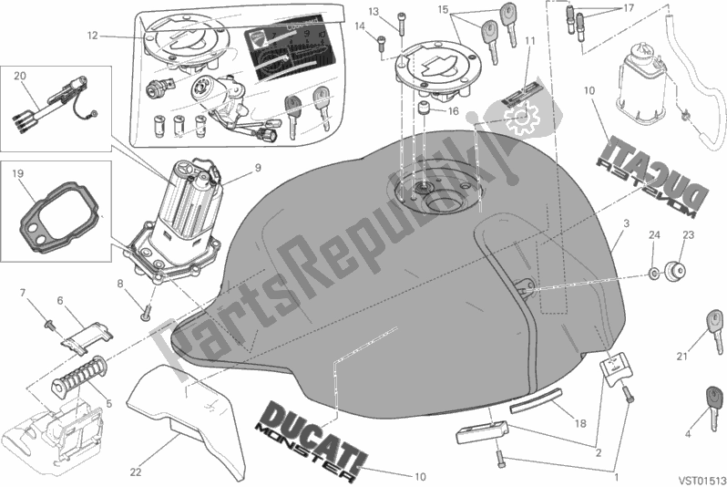 All parts for the Fuel Tank of the Ducati Monster 821 Brasil 2015